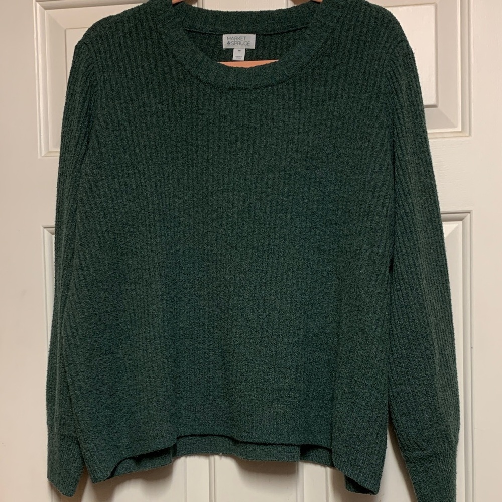 Market & Spruce Deep Green Ribbed Crewneck Sweater - Picture 2 of 6